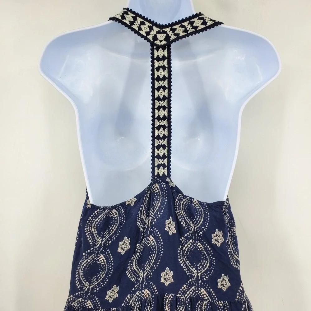 Abercrombie & Fitch Navy Blue Printed Tiered T-Back Maxi Dress Med Boho Cottage